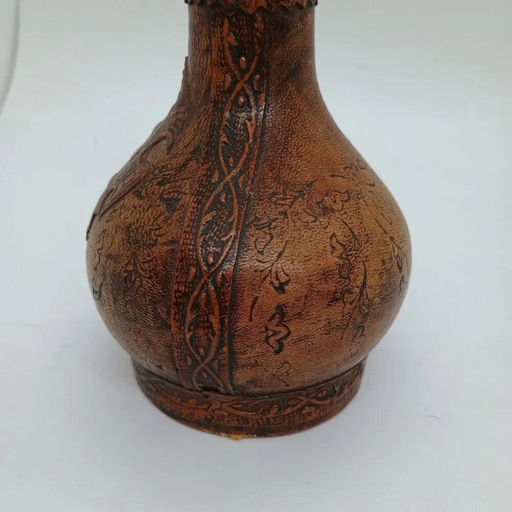 Vintage Italian Brown Leather Covered Decanter w/ Stopper Mid Century EMPTY